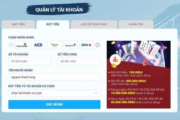 Rút tiền về tài khoản 8live